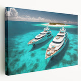 Large stretched canvas depicting a serene Maldives beach scene in soft blue and white tones, suitable for kitchen wall art.