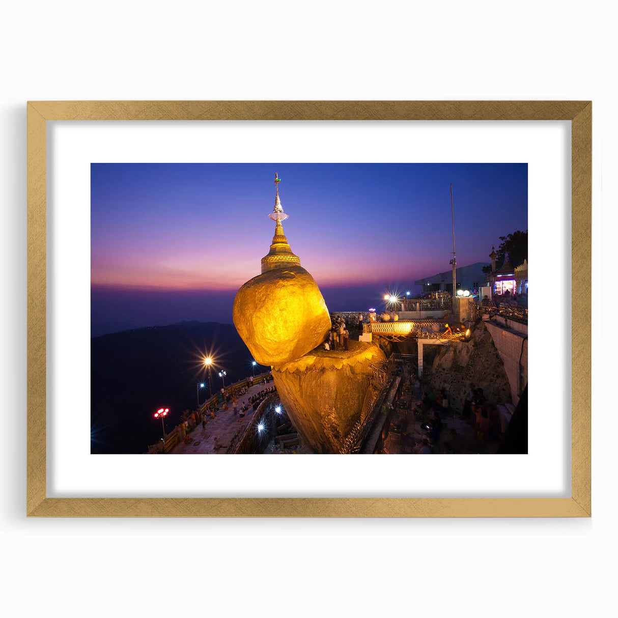 Extra large abstract art print depicting a textured scenery of Myanmar, in gold frame, suitable for living room decor.