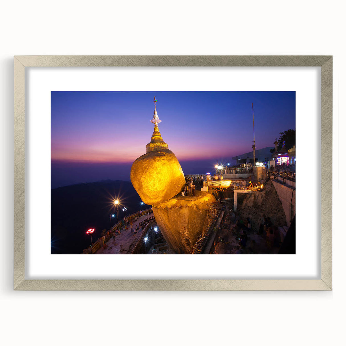 Textured abstract art print featuring a muted landscape of Myanmar, framed in silver, ideal for bedroom art.