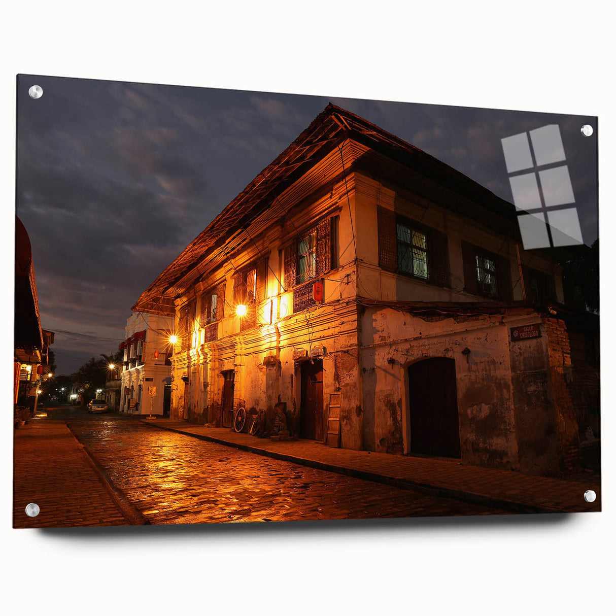 Acrylic glass print of a serene Philippine landscape in muted green and blue tones, ideal for dining room decor.