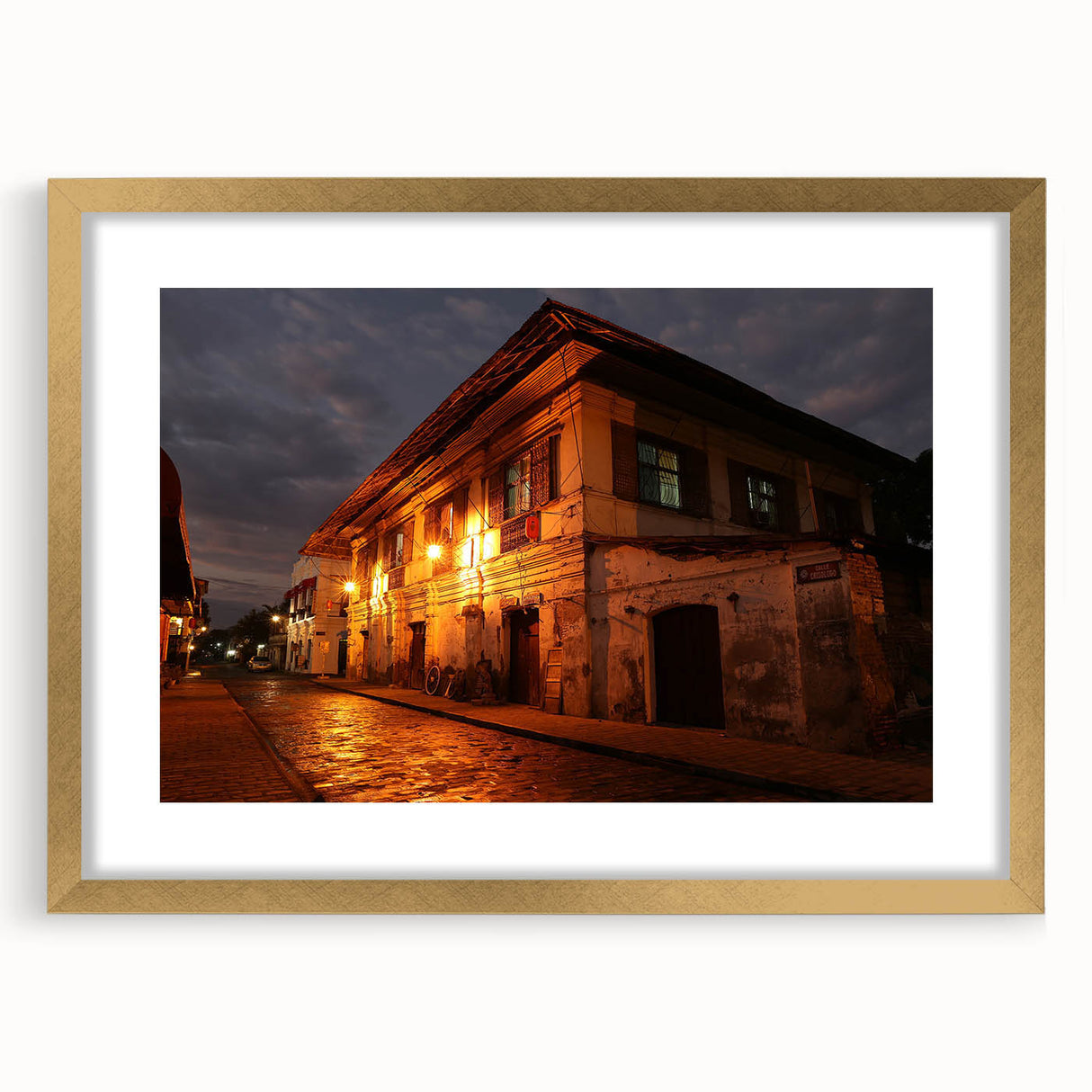 Extra large abstract art print featuring a textured scenery of the Philippines in muted earth tones, framed in gold.