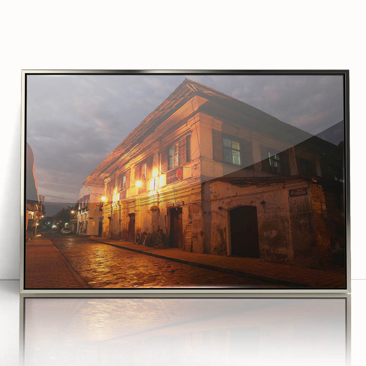 Mid-century modernist art depicting a serene Philippine landscape in muted earth tones, framed in silver acrylic.