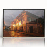 Mid-century modernist art depicting a serene Philippine landscape in muted earth tones, framed in silver acrylic.