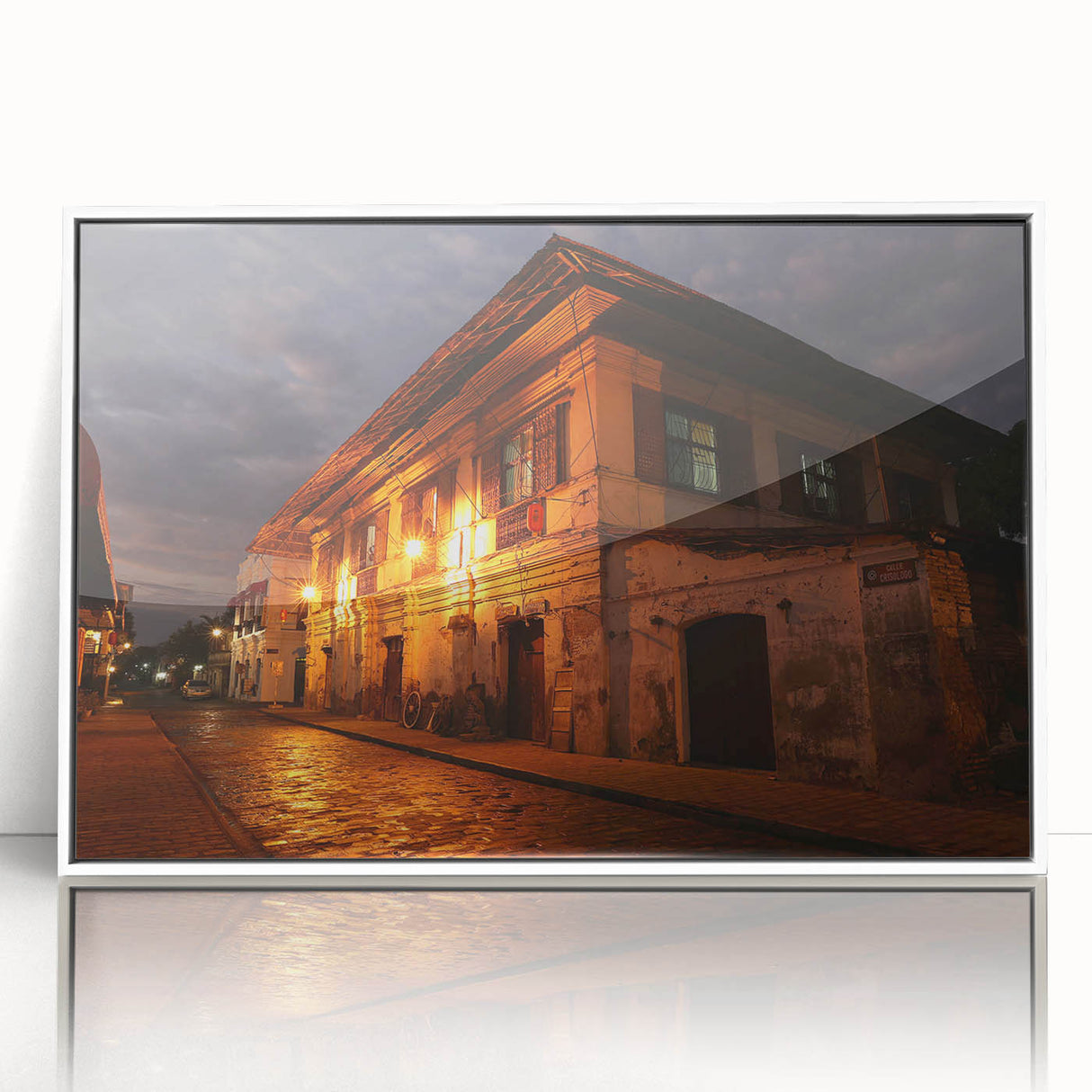 Art deco poster of a Philippine landscape, featuring muted green and blue tones on a framed acrylic.
