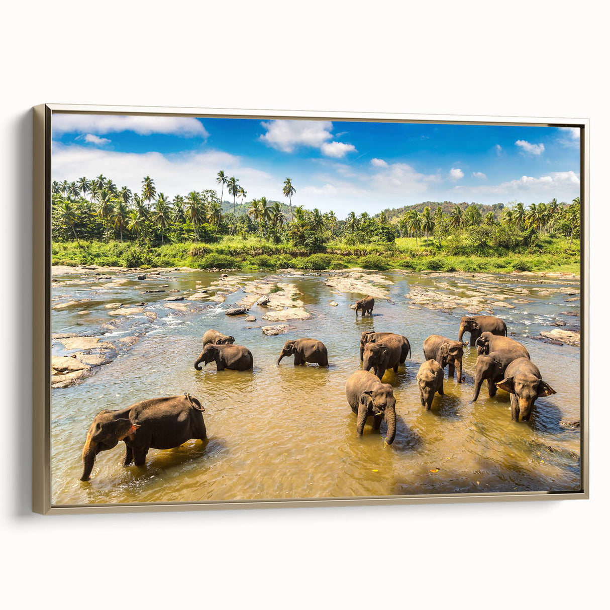 Framed canvas featuring a vintage-style landscape painting of a serene Sri Lankan scenery in muted gold and black tones.