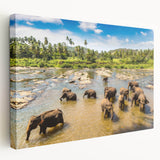Large stretched canvas depicting a serene Sri Lankan landscape in muted green and blue tones, suitable for kitchen wall art.