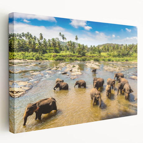 Large stretched canvas depicting a serene Sri Lankan landscape in muted green and blue tones, suitable for kitchen wall art.