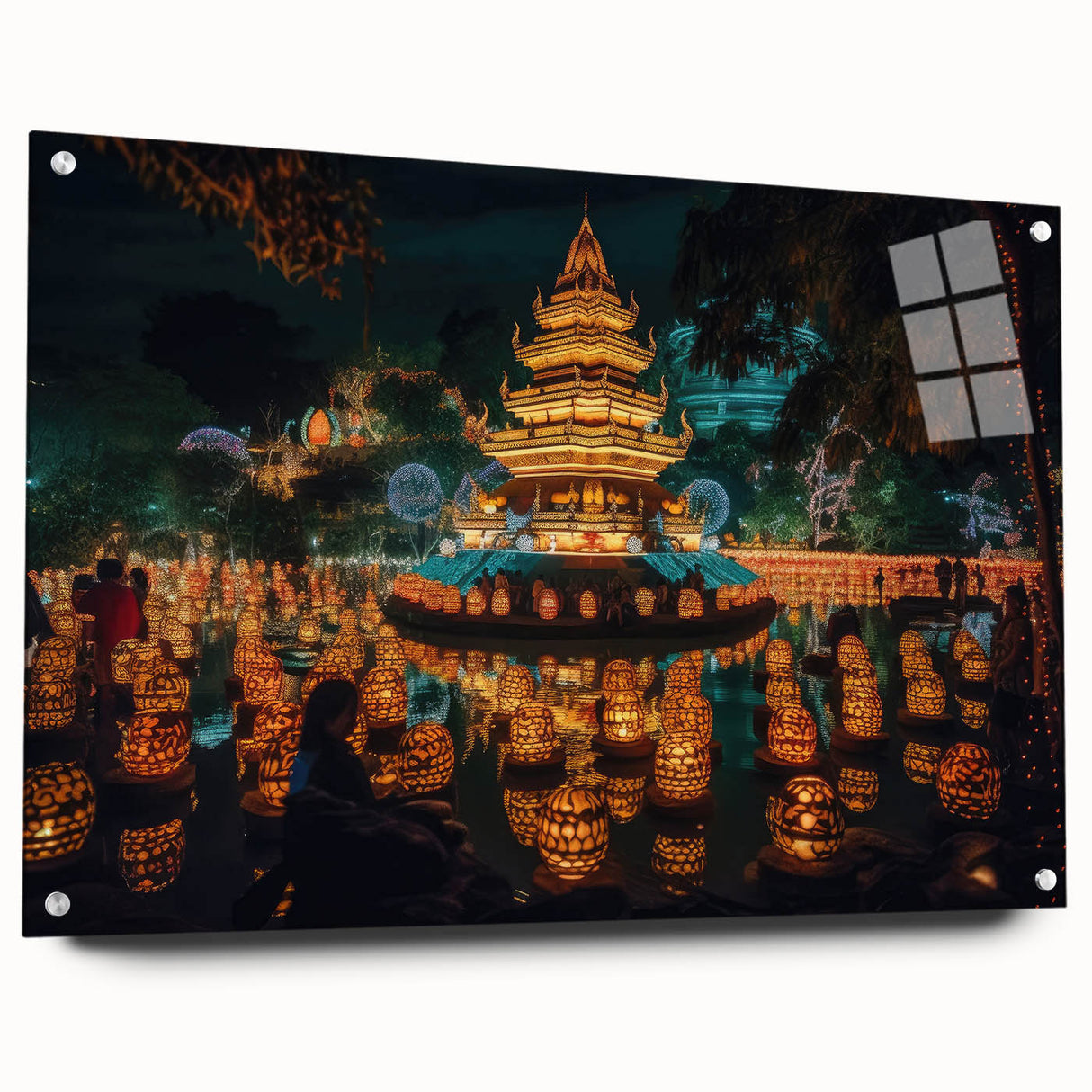 Large abstract wall art of a Thai landscape in vibrant greens and blues on acrylic glass.