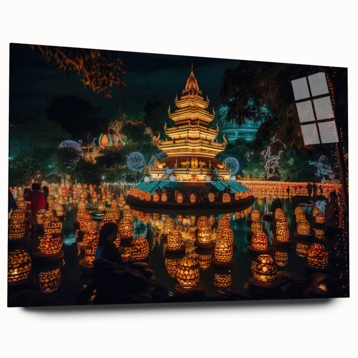 Large abstract wall art of a serene Thai landscape in muted green and blue tones on acrylic glass.