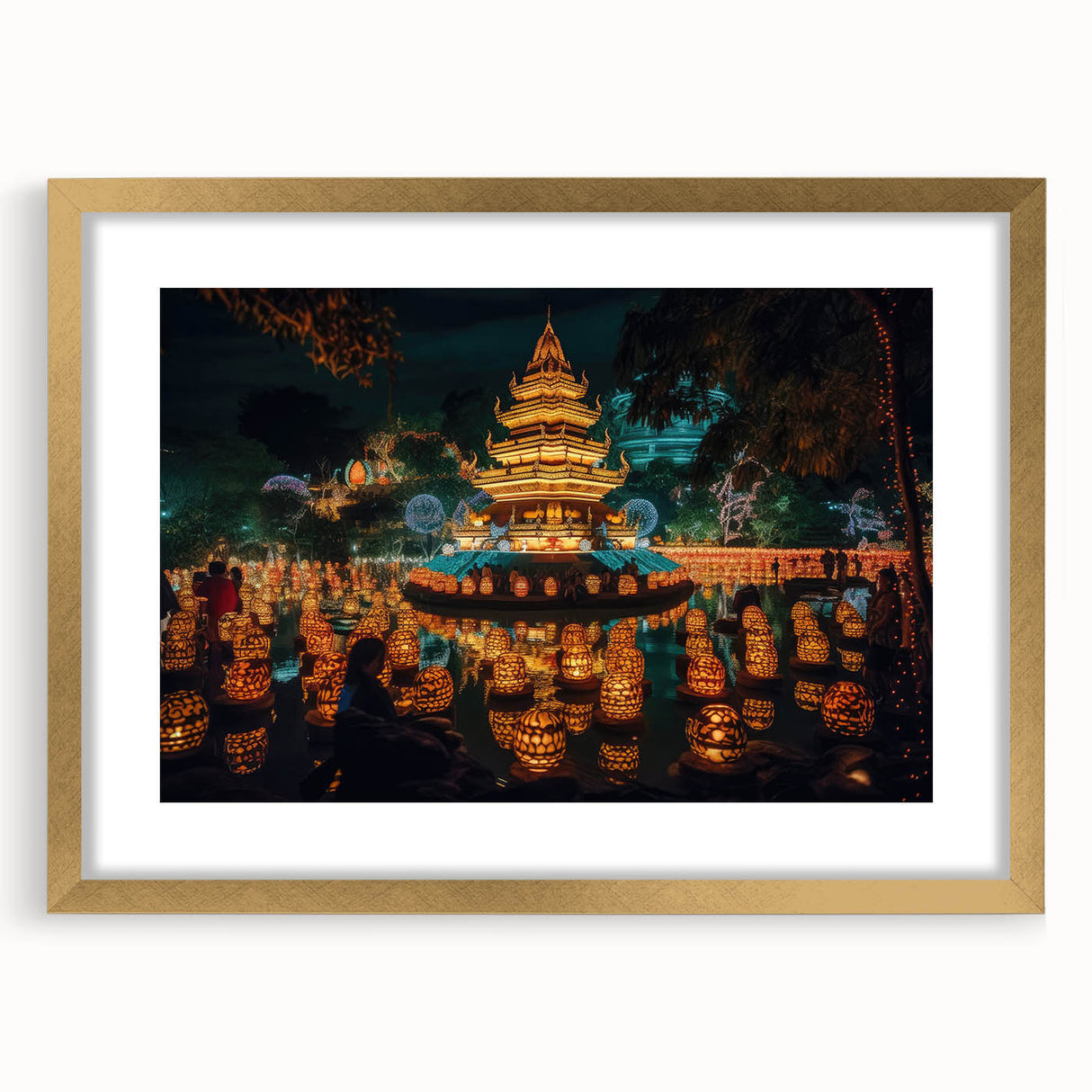 Extra large abstract art print of a textured Asian scenery in muted gold tones, framed with a mat.