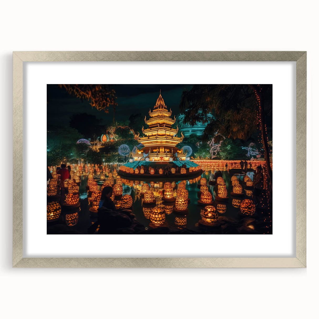 Textured abstract art print depicting a serene Thai landscape in soft blue and green hues, framed in silver.