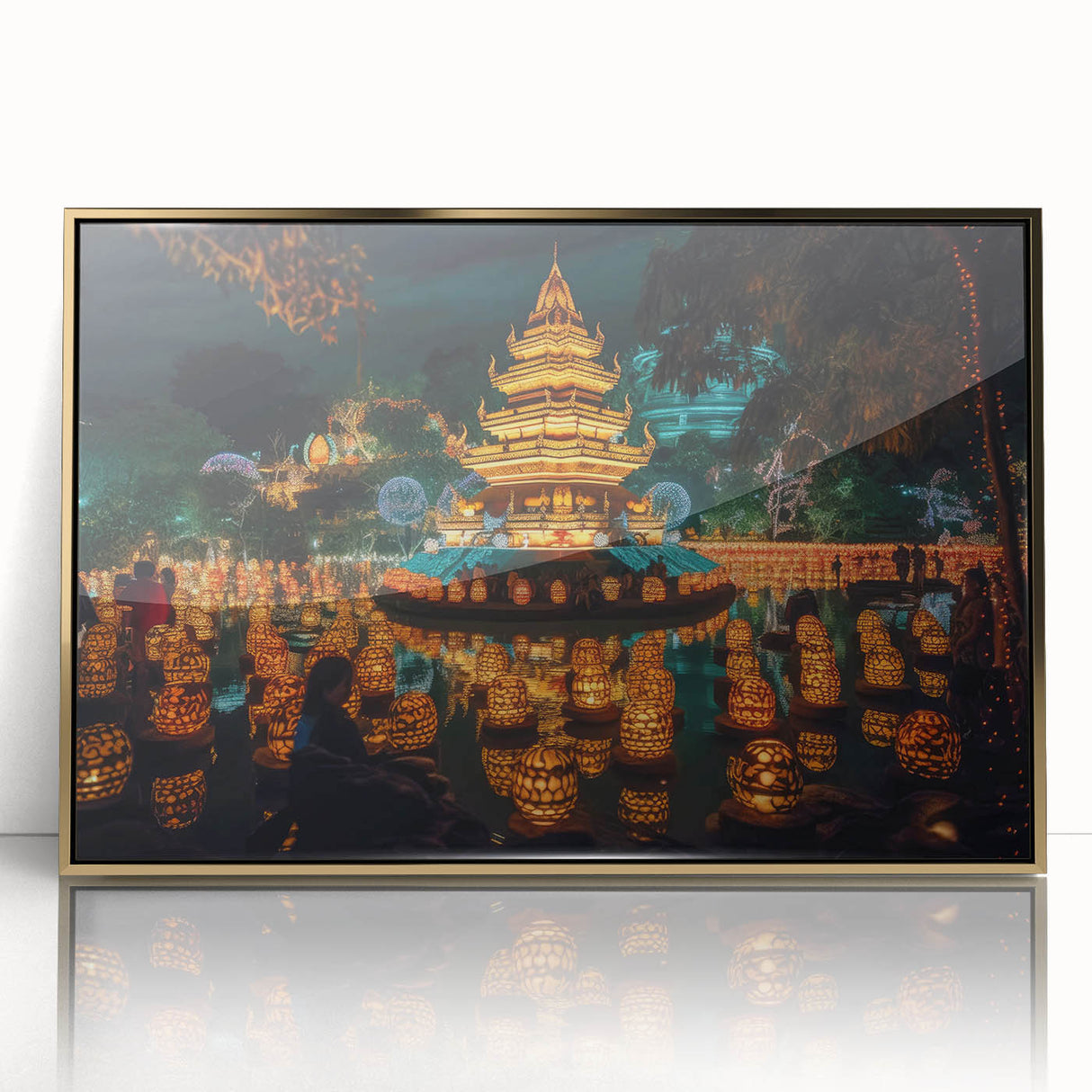 Framed acrylic print of a Thai landscape in gold and green tones, ideal for modern art wall decor.