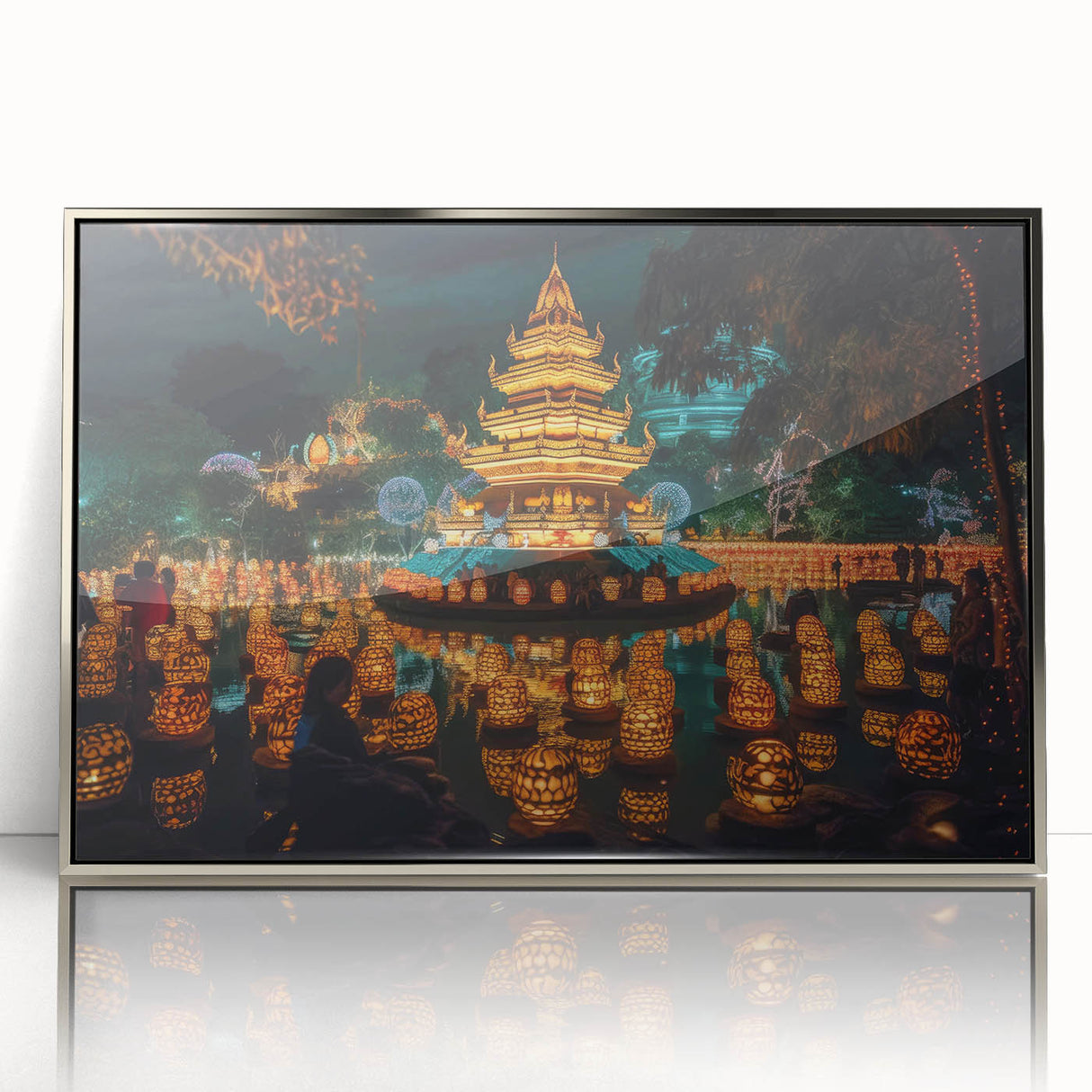 Mid-century modernist art depicting a serene Thai landscape in muted greens and blues, acrylic print in a silver frame.
