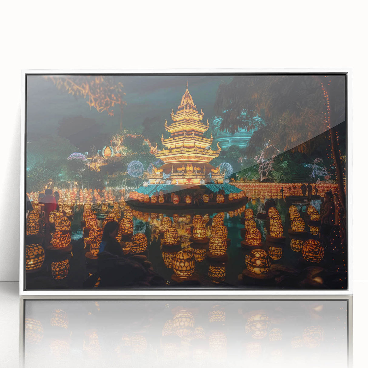 Art deco poster of a serene Thai landscape in muted green and blue tones, acrylic print framed in white.