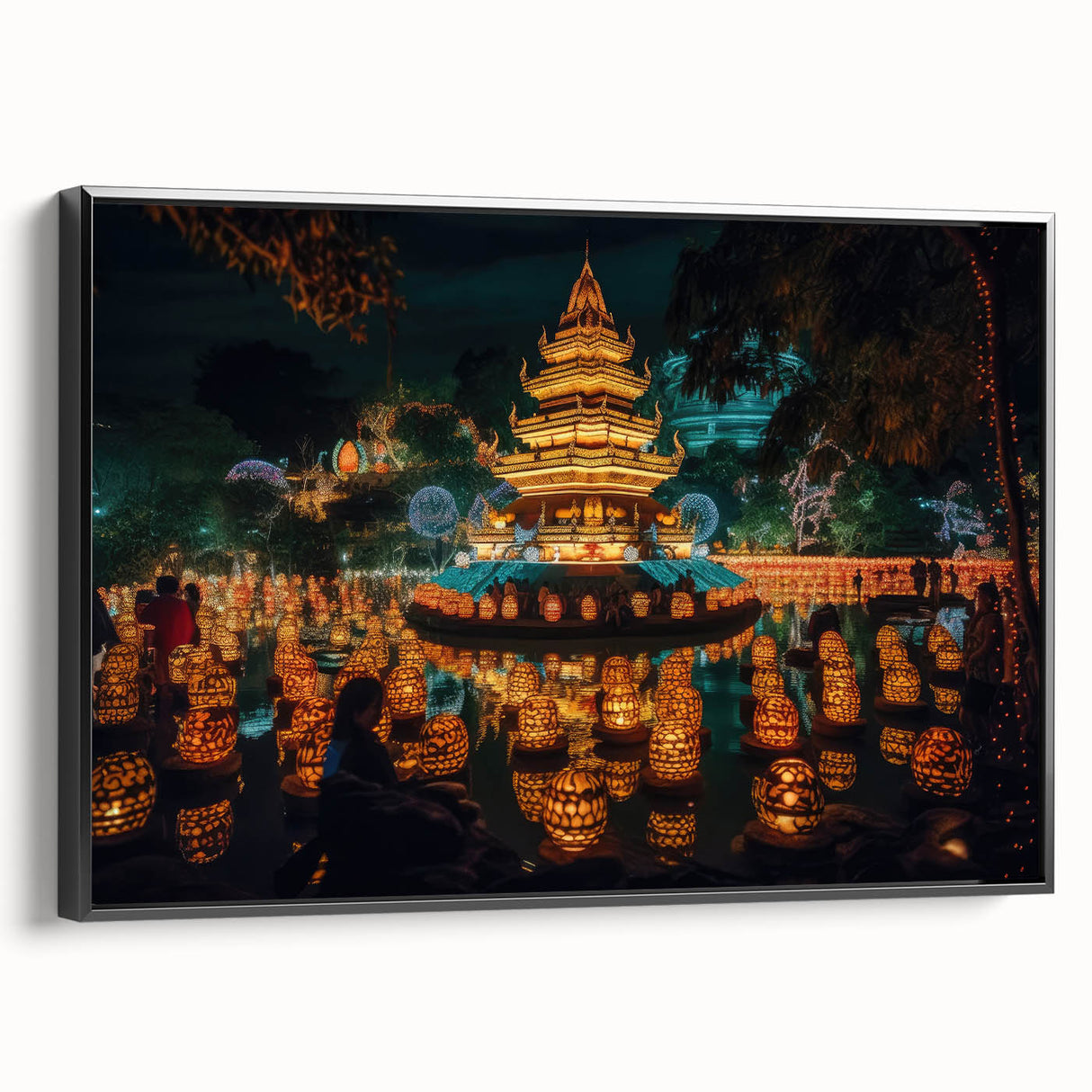 Black and white framed canvas of a vintage Thai landscape, ideal for bedroom wall decor.