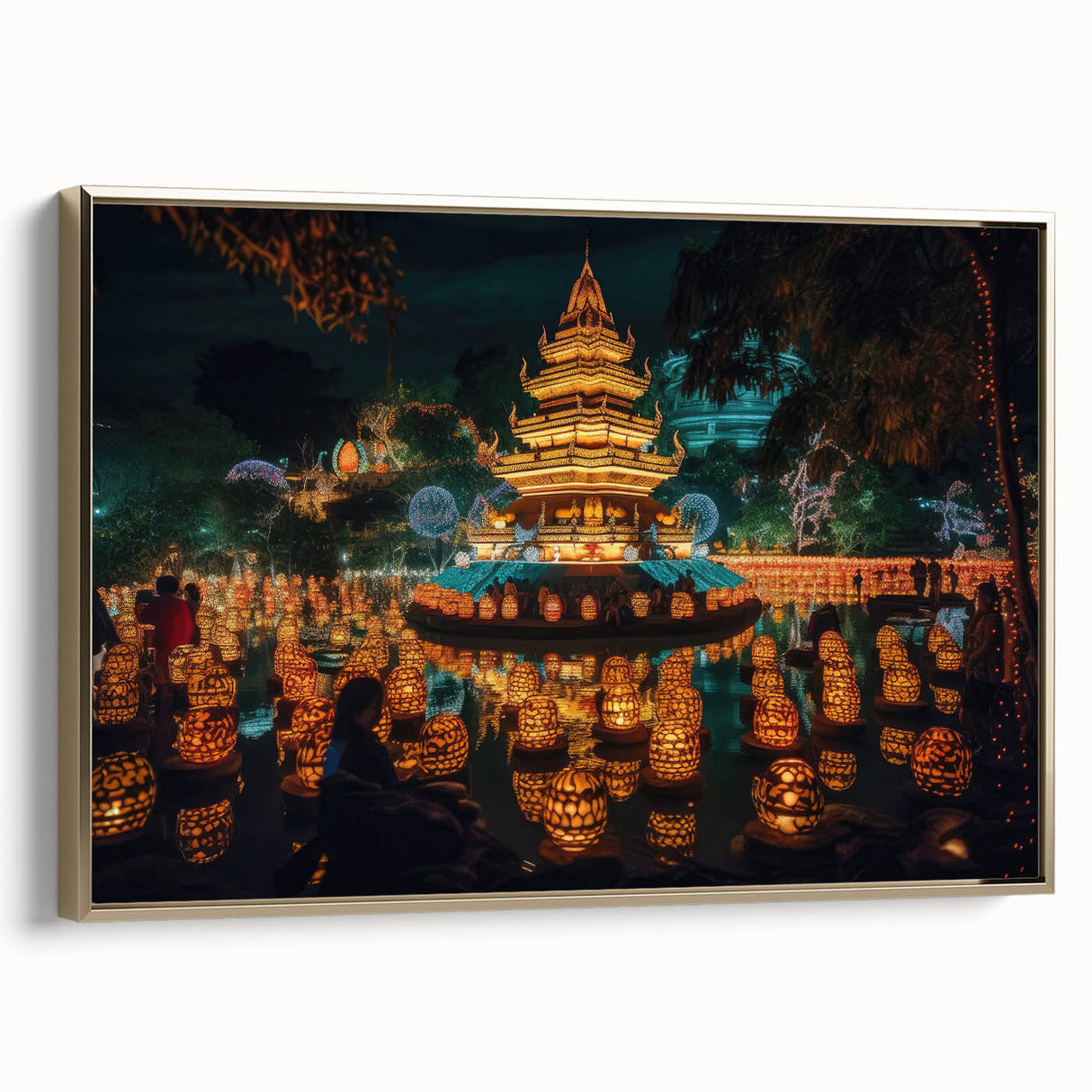 Framed canvas depicting a serene Thai landscape in muted gold and black tones, suitable for bedroom decor.