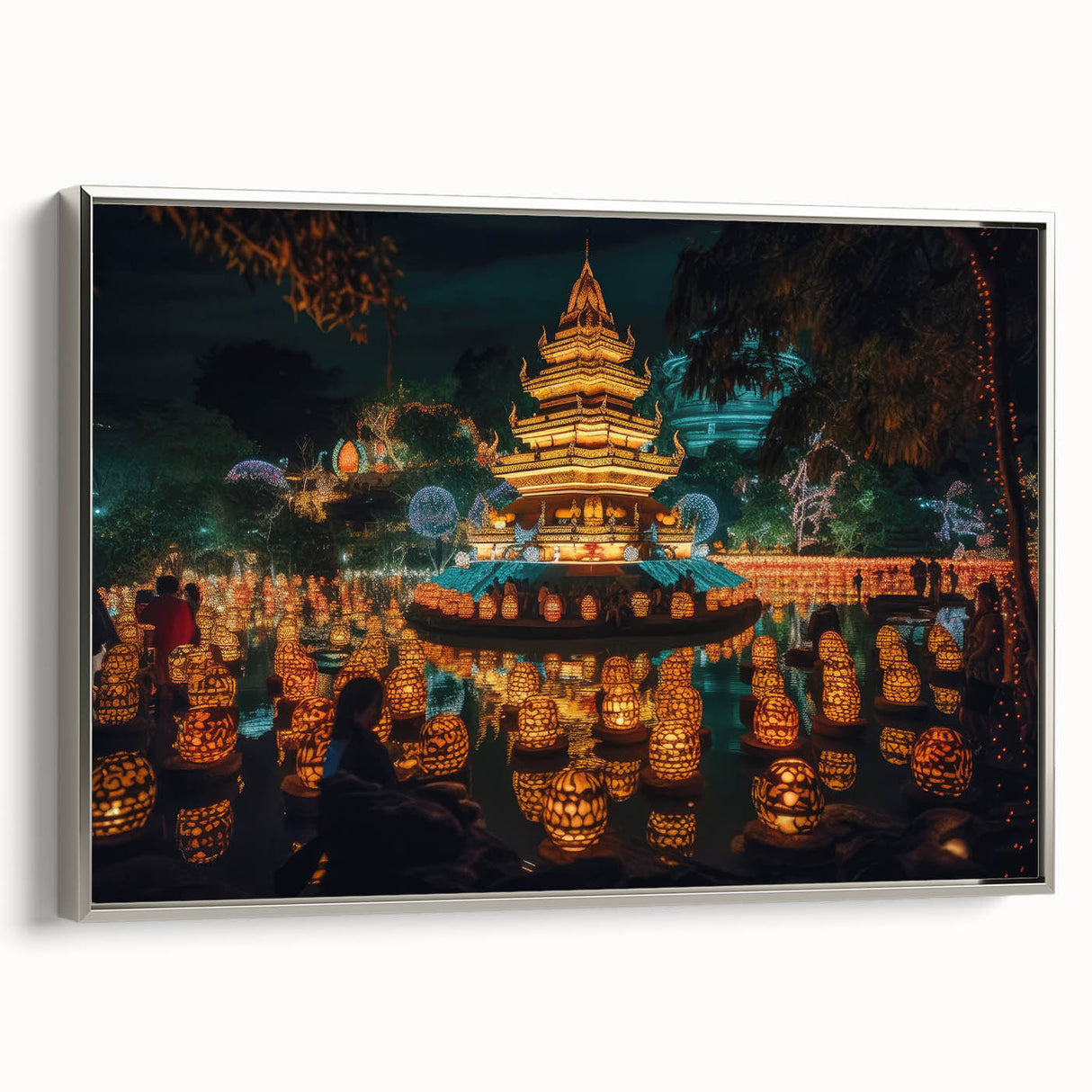 Framed canvas landscape art painting featuring a vintage Thai scenery in vibrant colors on a black background.