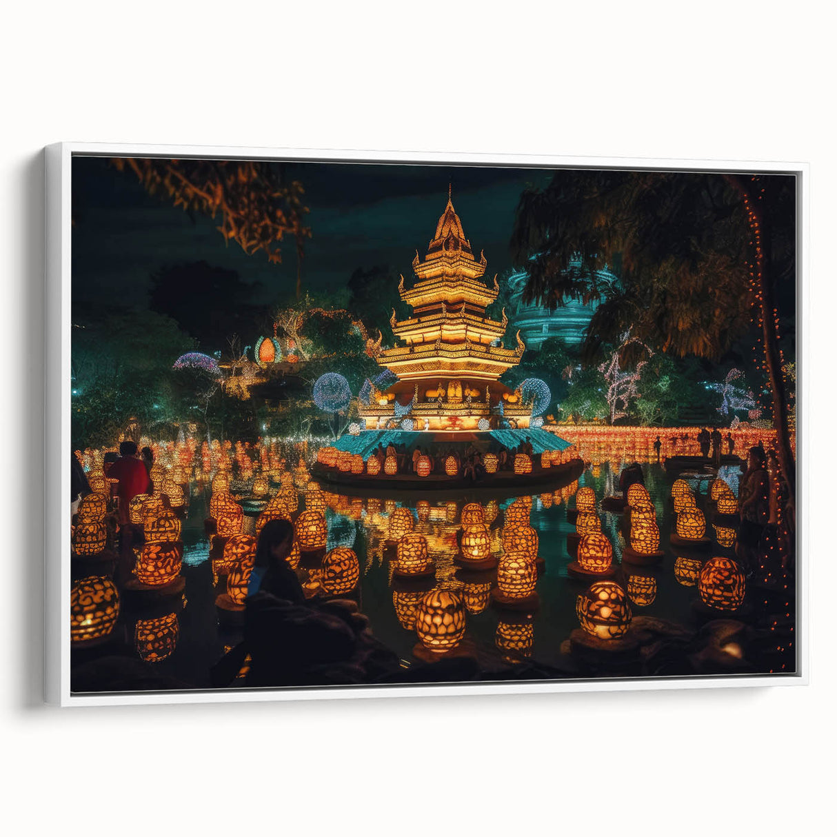 Vintage poster art of a Thai landscape in vibrant colors on a large framed canvas, ideal for living room decor.