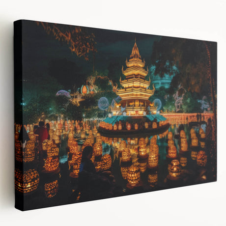 Landscape painting of a serene Thai rice field on stretched canvas, featuring green and earth tones.