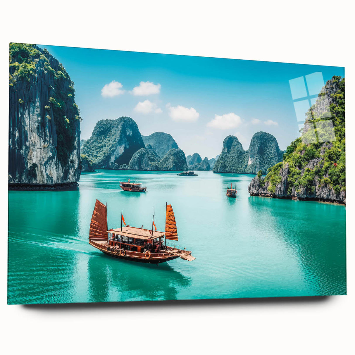 Large abstract wall art depicting a serene Vietnamese landscape in muted greens and blues on acrylic glass.