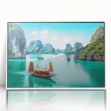 Acrylic print of a serene Vietnamese landscape in pastel hues, framed in white, suitable for modern nursery decor.