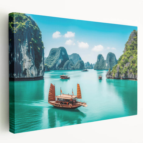 Side view of a stretched canvas featuring a vibrant, detailed Vietnamese landscape, ideal for kitchen wall art.