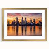 Textured abstract art print of Perth scenery in muted gold and blue tones on a framed canvas, suitable for bedroom decor.