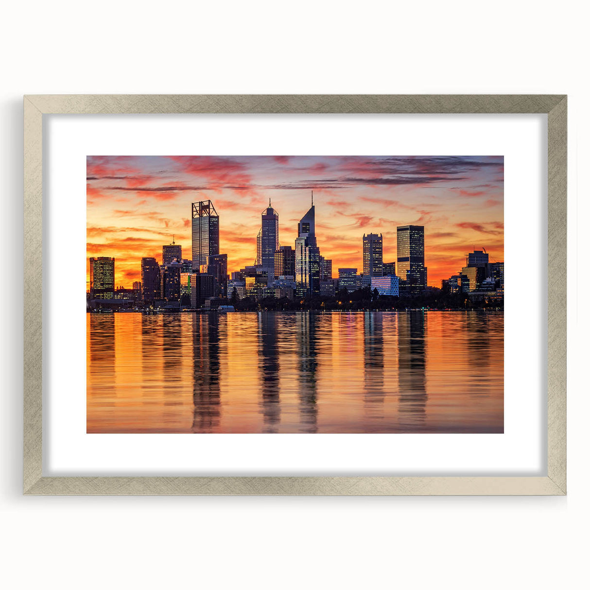 Abstract art print of Perth scenery in muted blue and silver tones on a framed matte canvas, suitable for dining room decor.