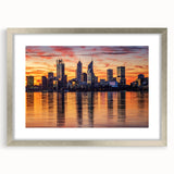 Abstract art print of Perth scenery in muted blue and silver tones on a framed matte canvas, suitable for dining room decor.