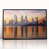 Large abstract wall art depicting a stylized Perth skyline in muted earth tones, framed in black acrylic.