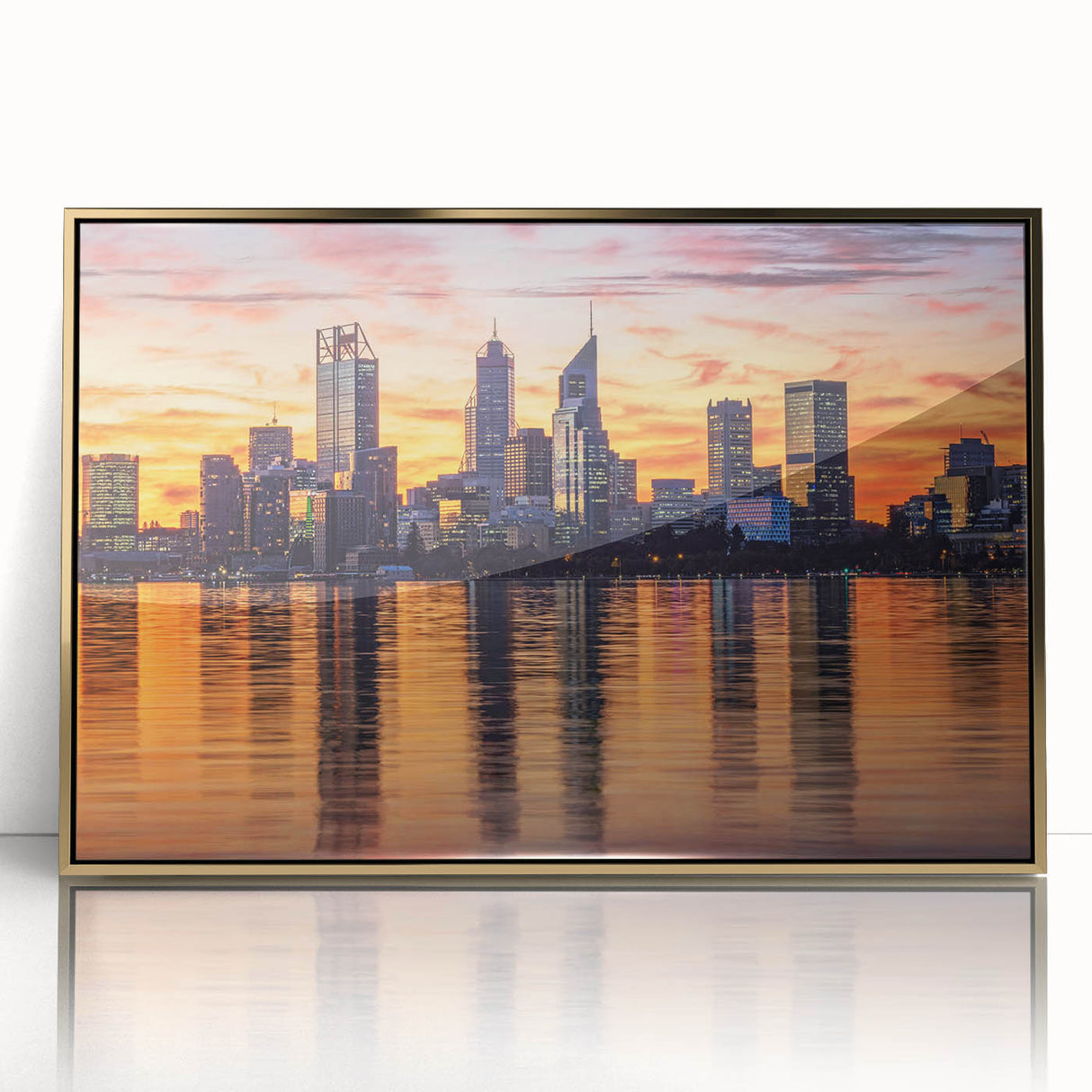 Mid-century modernist art depicting the Perth skyline in muted gold and blue tones on framed acrylic.