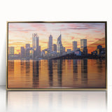Mid-century modernist art depicting the Perth skyline in muted gold and blue tones on framed acrylic.