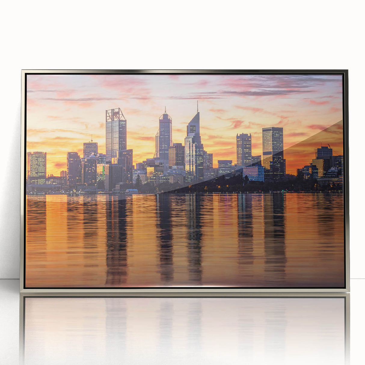 Art deco style poster of the Perth skyline in silver hues on framed acrylic, ideal for modern art wall decor.