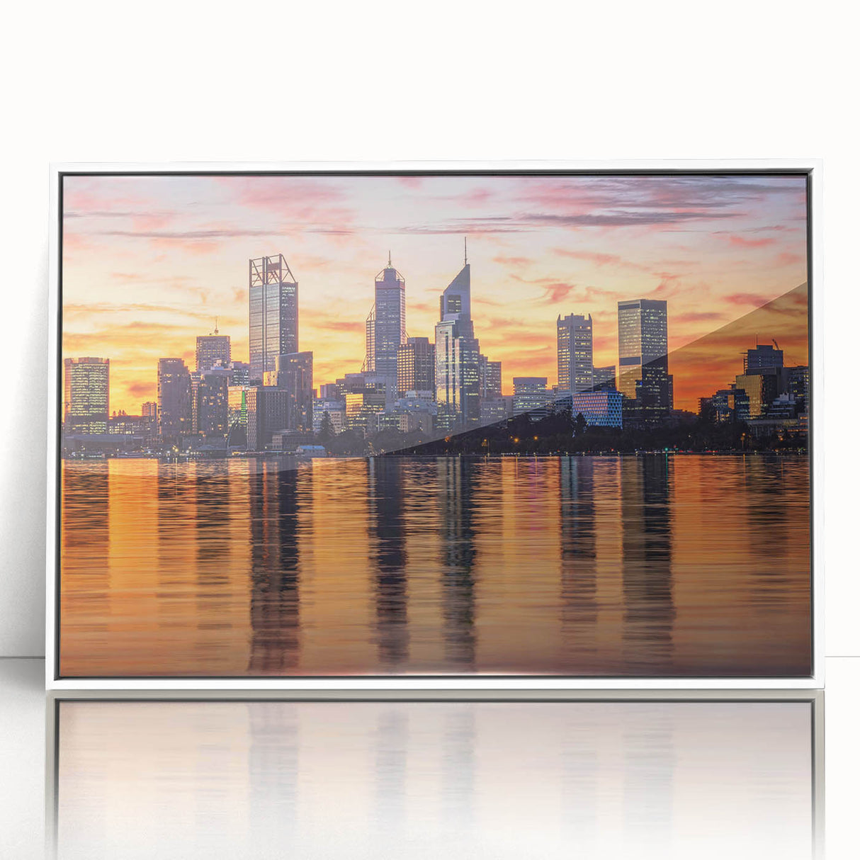 Large art print of Perth skyline in muted colors on white framed acrylic, suitable for modern nursery decor.