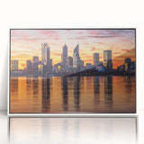 Large art print of Perth skyline in muted colors on white framed acrylic, suitable for modern nursery decor.