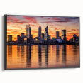 Black and white wall art of Perth landscape on framed canvas, ideal for bedroom decor.