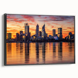 Black and white wall art of Perth landscape on framed canvas, ideal for bedroom decor.