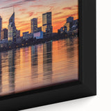 Close-up of textured black wall art featuring a colorful Perth, Australia skyline on a framed canvas.
