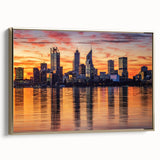 Landscape art painting of Perth, Australia on framed canvas, featuring a colorful vintage poster style with black edges.
