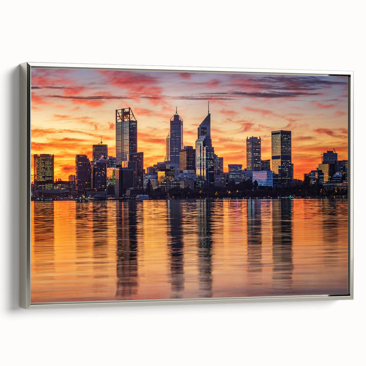 Vintage poster art of Perth scenery on framed canvas, featuring vibrant colors on a black background.