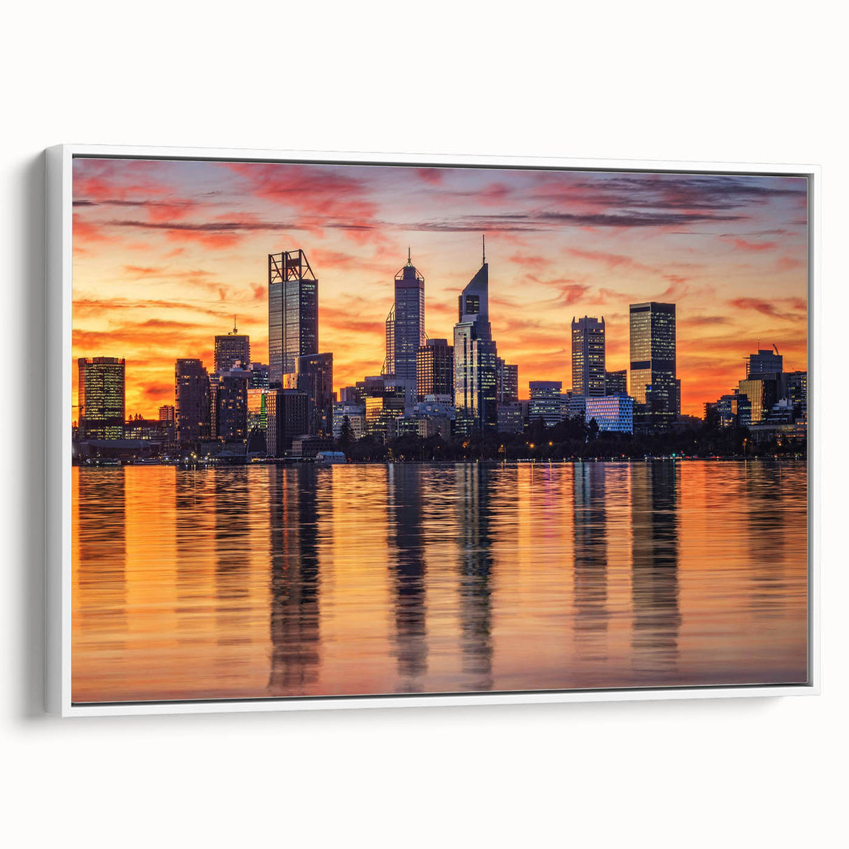 Framed canvas featuring a vintage-style landscape painting of Perth, Australia, in muted black and gray tones.