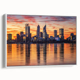 Framed canvas featuring a vintage-style landscape painting of Perth, Australia, in muted black and gray tones.