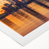 Art deco poster of Perth skyline in muted gold and blue tones on rolled canvas, suited for dining room wall art.