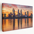 Stretched canvas featuring a realistic depiction of the Perth skyline in muted earth tones, suitable for kitchen wall art.