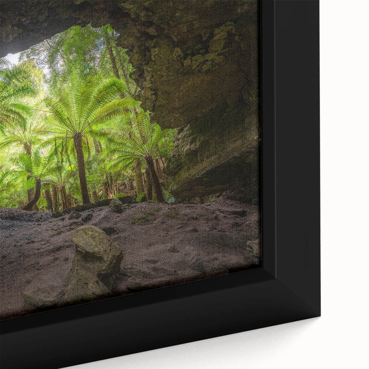 Framed canvas depicting a textured Tasmanian landscape in black with colorful accents, ideal for living room decor.