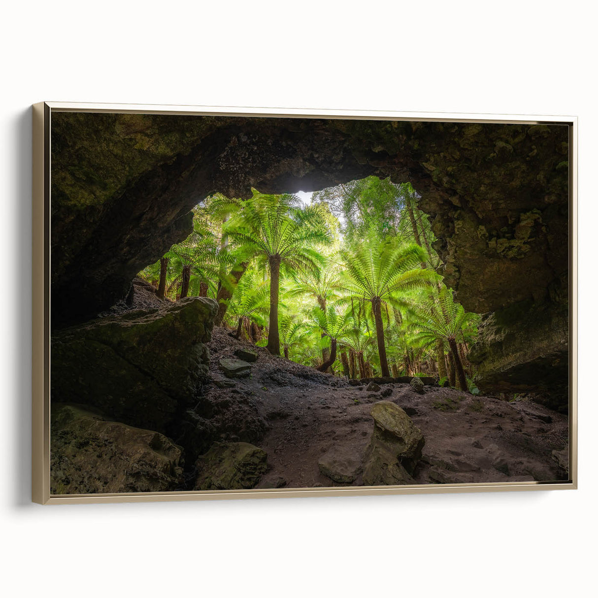Vintage poster art of Tasmania landscape on framed canvas, featuring vivid colors on a black backdrop.