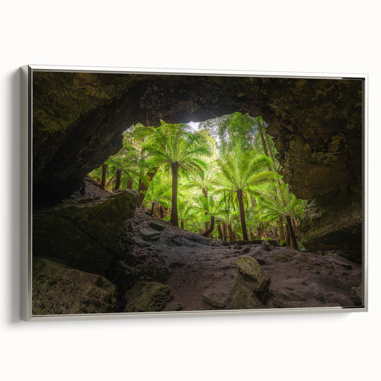 Framed canvas of a Tasmanian landscape in muted earth tones, ideal for bedroom wall art.