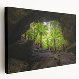 Scenic Tasmania landscape on stretched canvas, featuring muted greens and blues, suitable for kitchen wall art.