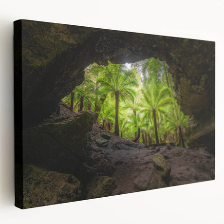 Scenic Tasmania landscape on stretched canvas, featuring muted greens and blues, suitable for kitchen wall art.