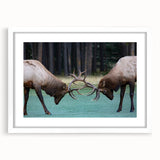 Abstract art print of Alberta, Canada scenery in muted earth tones on a framed white mat, ideal for dining room decor.